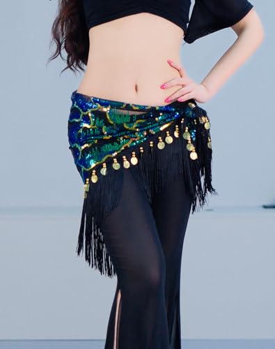 Green One Size Sequin Peacock Belly Dance Hip Scarf Wrap for Women