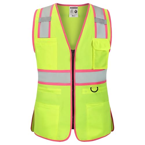 FATONE Women's ANSI Class 2 High-Vis Safety Vest with Reflective Strips, Zipper Pockets & Adjustable Waist - Yellow/Pink Construction Work Vest for Warehouse Personnel, Road Crews M