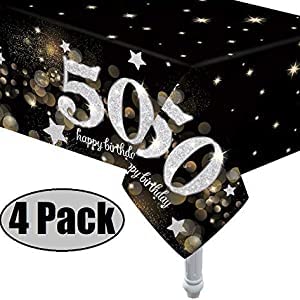 50th Birthday Tablecloths - Black & Gold, 4 Pack, 54" x 108"