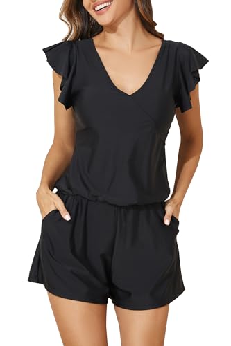 Smismivo Black Large Swim Romper with Built-in Bra, Pockets, Full Coverage One-Piece