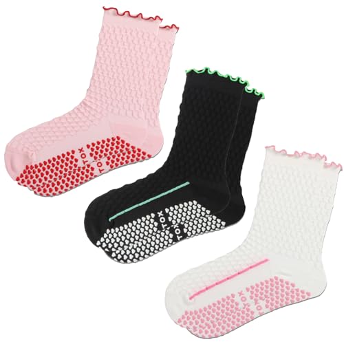 Non-Slip Pilates & Yoga Socks with Grips - Ruffle Crew Style - Multi02