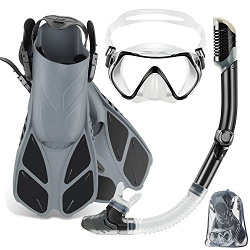 Travel Size Snorkeling Gear Set - Grey ML/XL - Anti-Fog Mask, Trek Fins, Dry Top Snorkel