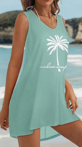 Women's Light Blue Coconut Tree Bikini Coverup Tank Dress - Large