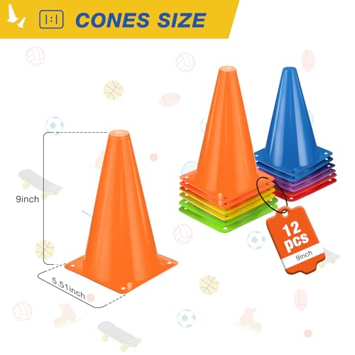 9 Inch Plastic Training Cones 12pcs - ZKNDRHJO Durable Orange Soccer/Agility Cones with Weighted Base