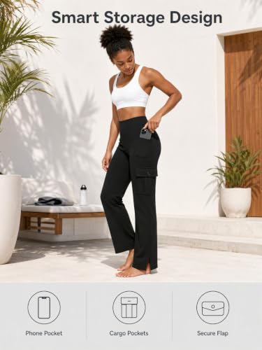 YepMoll Women's Medium Black Cargo Yoga Pants with Multi Pockets & Slit - Casual Trousers
