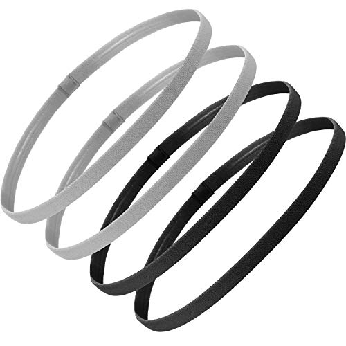 Non-Slip Elastic Sport Headbands with Silicone Grip - 4 Pack, Black & Gray