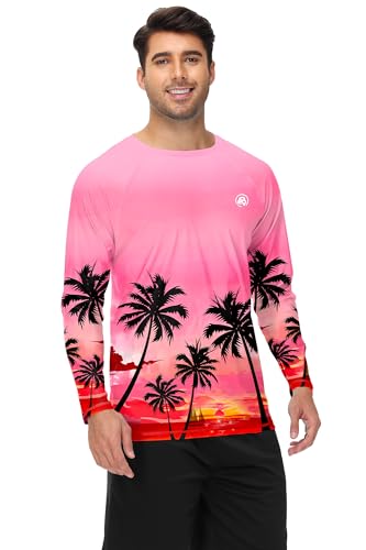 Mens Long Sleeve Swim Shirt - Quick Dry Sun Protection Rash Guard - X-Large Palm Pink