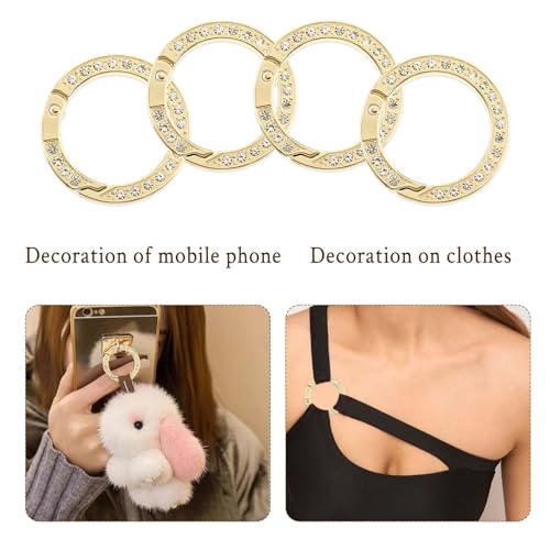 Gold Rhinestone Round Carabiner Clips - 4 Pack, 1.37 Inch
