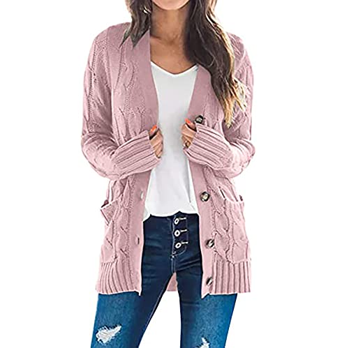 Chunky Cable Knit Cardigan Sweater with Pockets - Large Pink