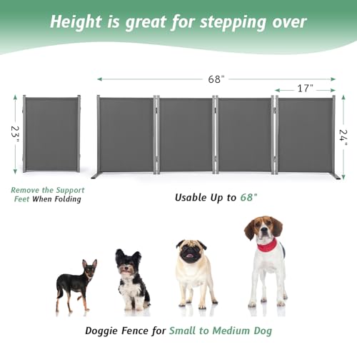 RANTILA 4 Panel Indoor Foldable Dog Fence Freestanding Dog Gate for Stairs, Hallways, or Doorways for Small Dogs- 68 X 24 Inch, Grey, Need Assembly