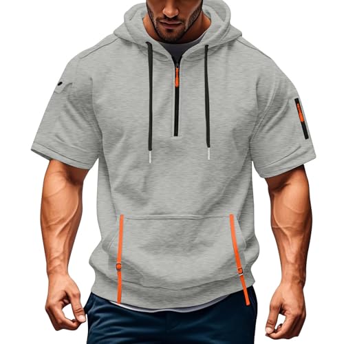 Men's Half Zip Hoodie - Summer Short Sleeve Sweatshirt - Medium Light Gray