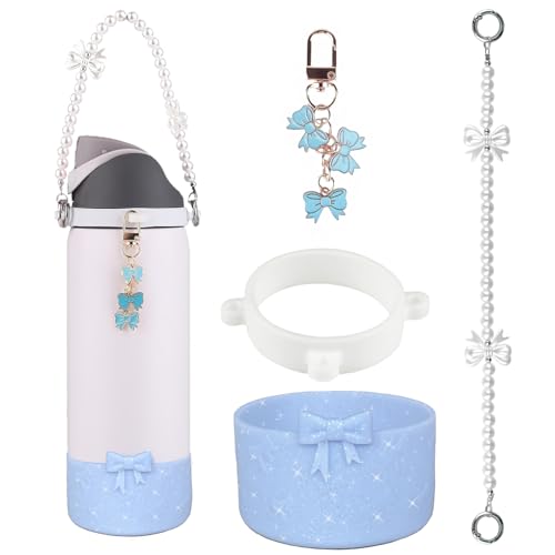 Wututir 32oz Blue Water Bottle Accessories Set with Bow Handle Strap & Silicone Bling Boot for Owala