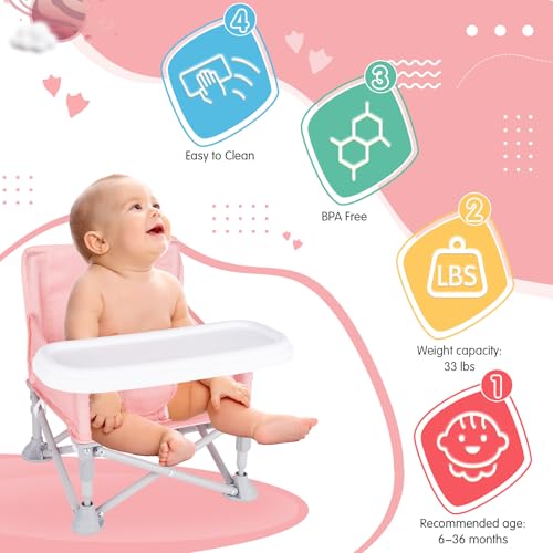 Portable Baby Booster Seat & Beach Chair Pink (6M-3Y) — 3 Modes Travel High Chair