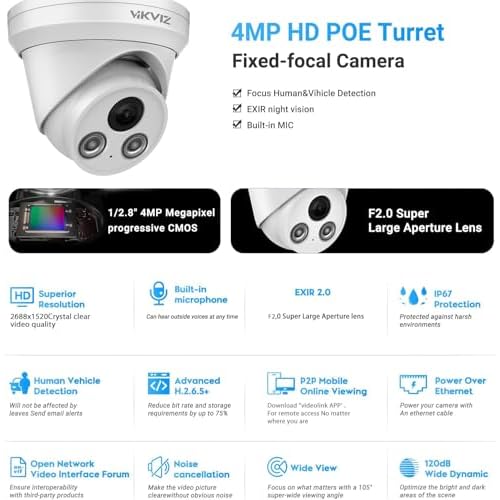 4MP PoE IP Camera Outdoor, Security Network Camera with Mic/Audio, 2.8mm Lens Wide Angles,Smart Human/Vehicle Detection,98ft IR Night Vision,H.265+,IP67 Waterproof,BlueIris,NDAA Compliant