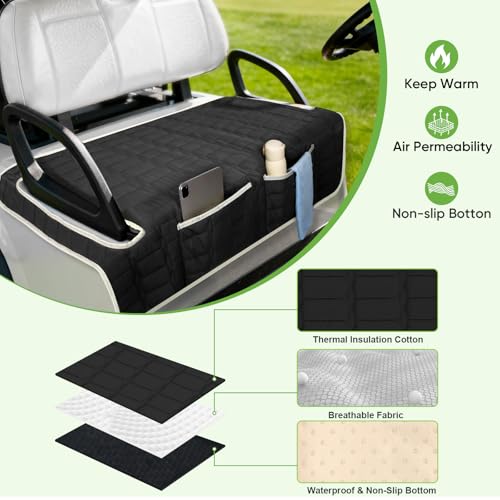 Golf Cart Seat Cover - Universal Non-Slip Protector with Storage Pockets - Black Without Ears 51" x 30.5"