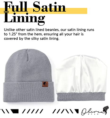 Satin Lined Beanie for Women - Cuffed Silk Winter Hat - Light Gray