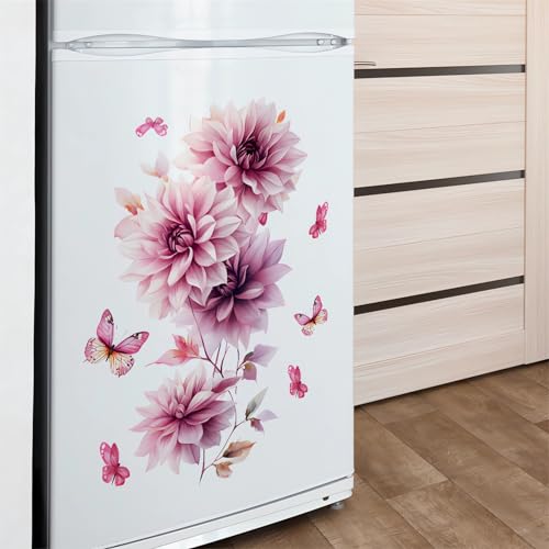 Pink Dahlia Flower Butterfly Wall Stickers, Daisy Peony Floral Art Wall Decals Removable Vinyl Peel and Stick Bathroom Living Room Bedroom Furniture Door Home Decorations