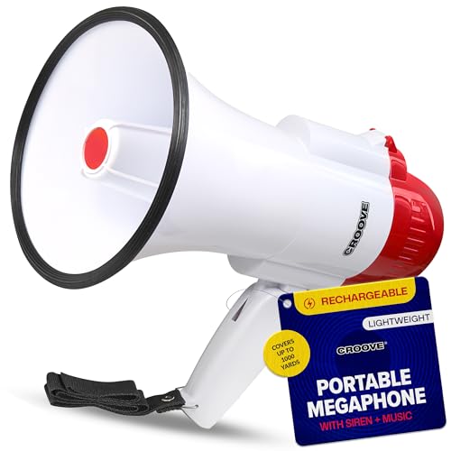 Croove Rechargeable White & Red Portable Megaphone with Siren & Volume Control