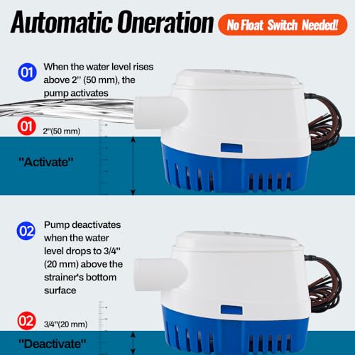 Xztrdi 12V 1100GPH Bilge Pump with Built-In Float Switch – Auto On/Off 1-1/8" Outlet
