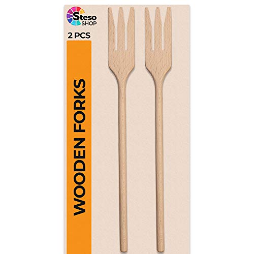 StesoSHOP Wooden Forks for Cooking - 2 Pc Beech Wood Set for Pasta & Salad