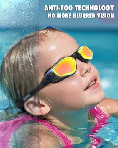 Kids Swim Goggles - Anti-Fog, Leak-Proof, UV Protection - Aqua & Black Orange