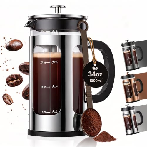 MOYAC Chrome French Press 34oz | Thickened Heat-Resistant Glass, 4-Level Filtration