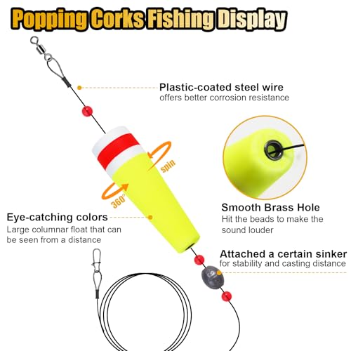 CWSDXM 5-Inch Yellow-Red Popping Cork Float Rigs for Saltwater & Freshwater Fishing - 4 Pack