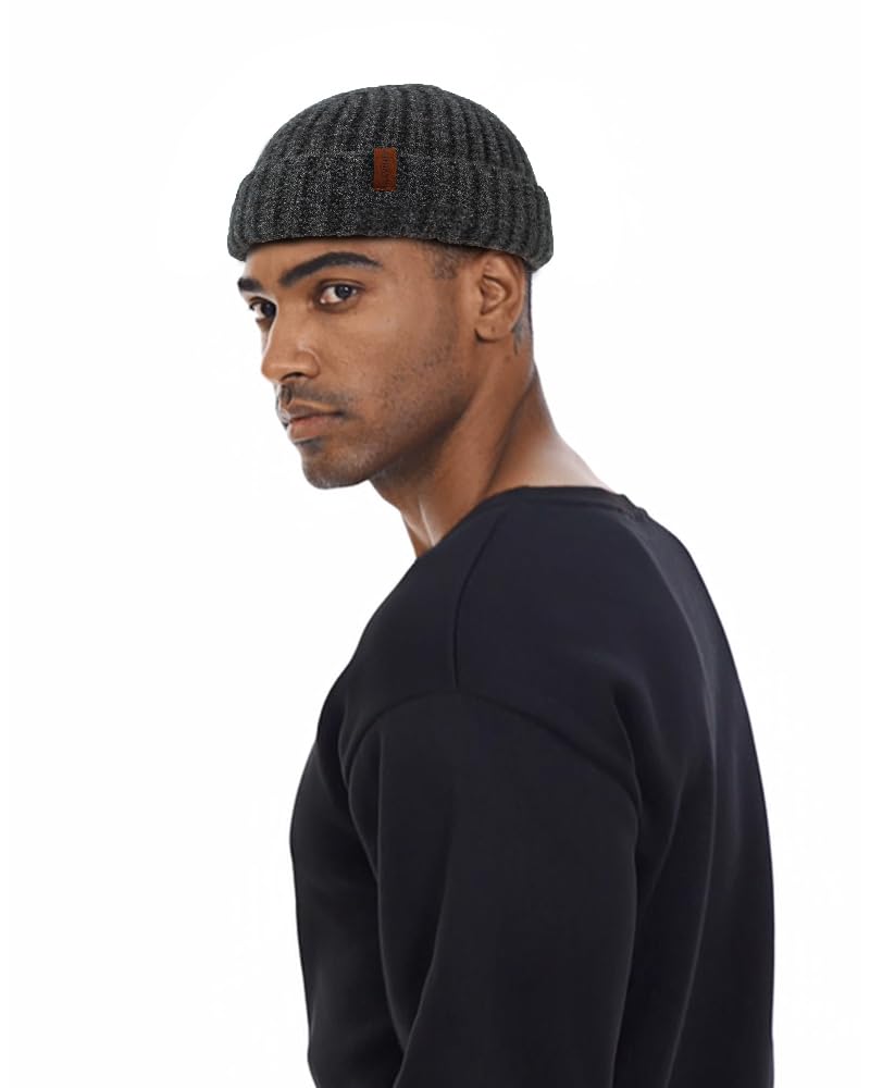 KNITDAY Chunky Wool Fisherman Short Beanie Hats Skull Cap for Men, Mens Thick Skater Streetwear Fishermans Beanie Warm Winter Knit Daily Hat (Dark Grey)