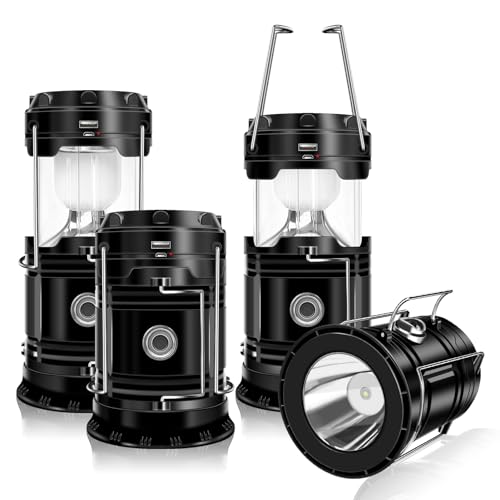 DIBMS 4-Pack Solar Camping Lantern Collapsible Lantern/Flashlight (Modern-Black) 2-in-1 Emergency Light