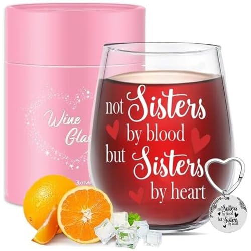BigNoseDeer Sisters by Heart Stemless Wine Glass - Birthday & Friendship Gift for Women