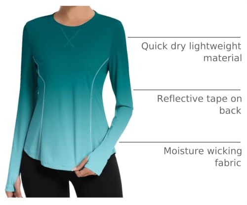 Avoogue Women's UPF 80+ UV Long Sleeve Workout Shirt with Thumb Holes Blue Green Gradient XL