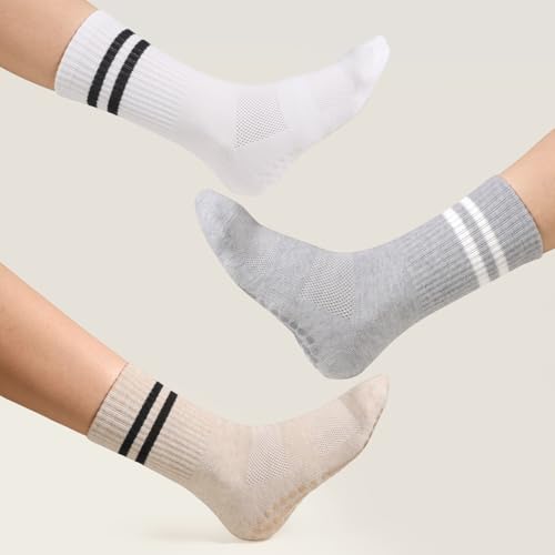 Pilates Socks for Women with Grips - 4 Pairs, Sizes 6-9/9-11, Khaki+Gray+Black+White