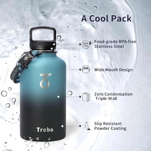 Trebo 64 oz Insulated Stainless Steel Water Bottle with 3 Lids, Paracord Handle & Carry Bag - Indigo/Black