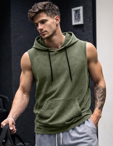 JMIERR Men's Green Cotton Sleeveless Hooded Tank Top with Pocket - Large