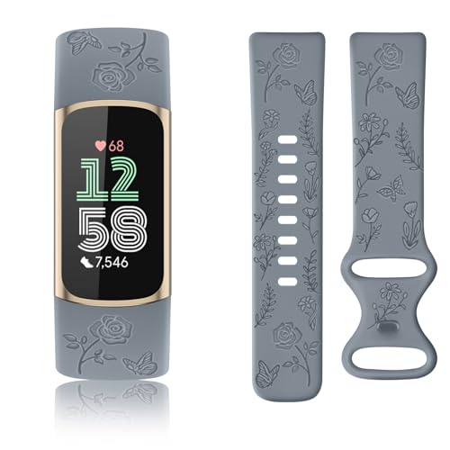 Floral Engraved Fitness Tracker Band for Charge 6/5 - Blue Gray