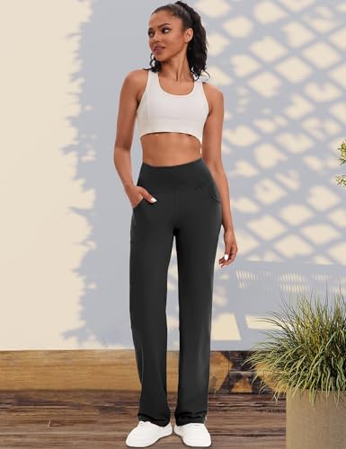 VOOVEEYA 29" Inseam Yoga Pants for Women with Pockets, Tummy Control, Straight Leg Black