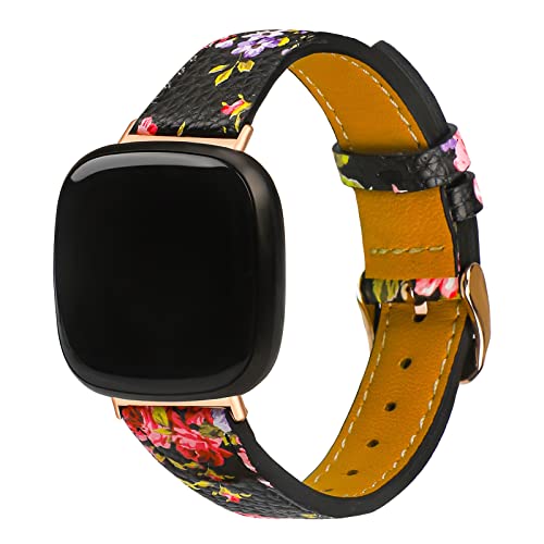Floral Leather Replacement Bands for Fitbit Sense 2/Versa 4/Versa 3, Stylish Strap for Women & Men