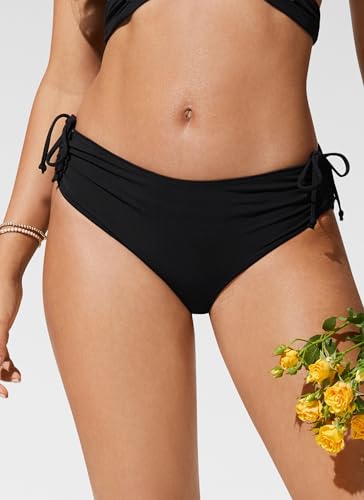 CRZ YOGA Mid-Waisted Ruched Bikini Bottoms - Medium Black Swimsuit