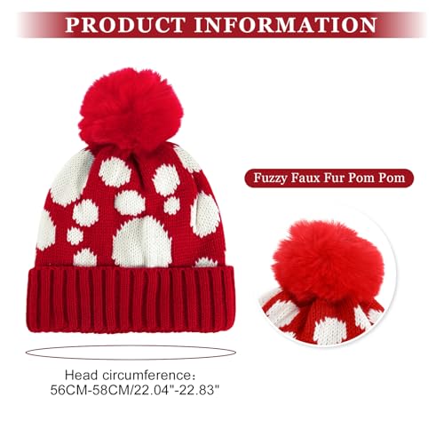Women's Fleece Lined Winter Beanie Hat with Earflaps and Pom - Red Dots