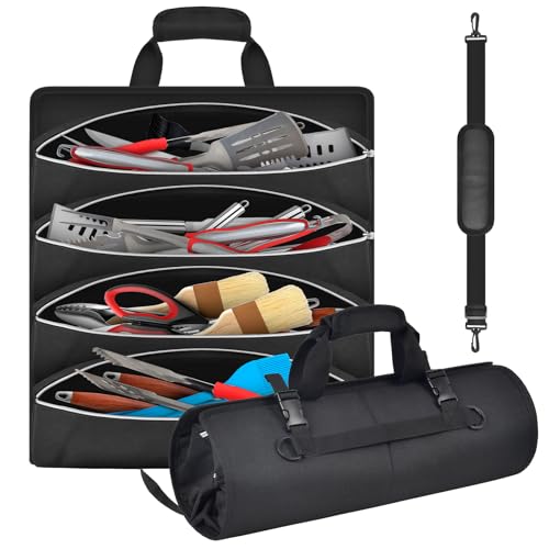 Grill Tool Accessory Storage Bag Roll Up, BBQ Tools Carry Orangizer Case for Grilling Utensil, Large Oxford Cloth Griddle Classifiable Holder for Outdoor Camping Barbecue Hiking Picnic Trip(Box Only)