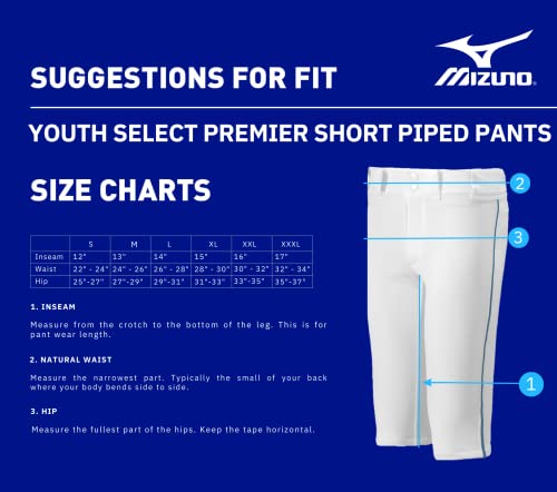 Mizuno Youth Premier Piped Baseball Shorts Large White/Navy - Kids Baseball Pants