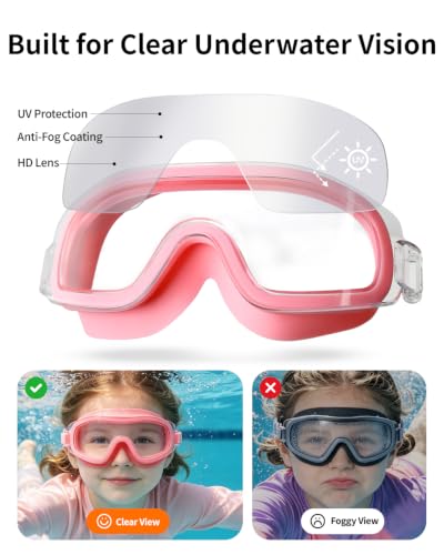 Pixel Panda Kids Swimming Goggles 2-Pack for Ages 3-14 with Fabric Straps - Dark Blue & Pink