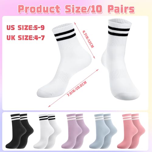 Breathable Cotton Retro Striped Crew Socks for Women - Black, White, Purple, Blue, Pink