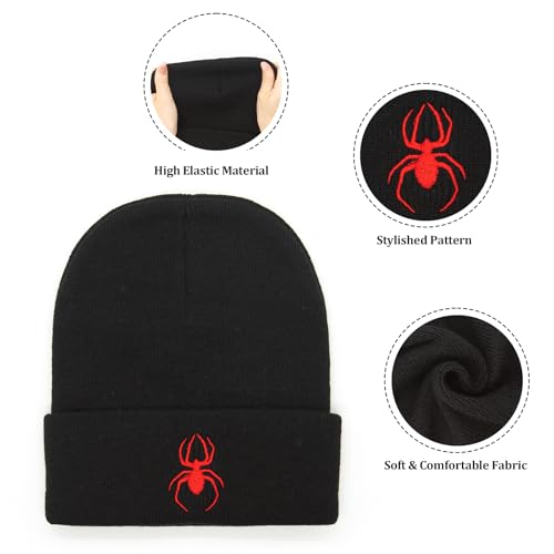 Slouchy Knitted Beanie Hat - Soft Warm Winter Skull Cap - Black Red