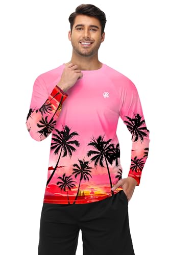 Mens Long Sleeve Swim Shirt - Quick Dry Sun Protection Rash Guard - X-Large Palm Pink