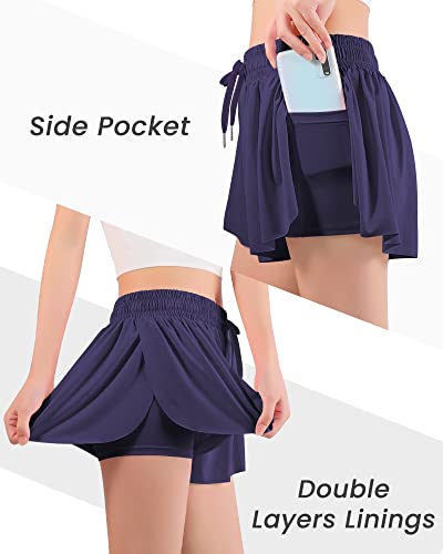 Butterfly Shorts for Girls - 2-in-1 Flowy Athletic Shorts with Pocket - Quick Dry, Navy, 9-10 Years