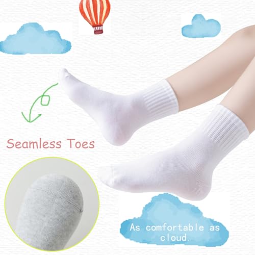 Kids Cotton Crew Socks with Retro Stripes - White, 4 Pairs for Ages 8-11