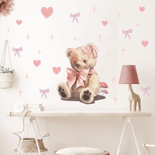 Cute Teddy Bear Doll Wall Stickers for Nursery Pink Wall Decals for Kid Girl Baby Removable Peel and Stick Wall Art Home Decor Decoration for Preschool Living Room Bedroom