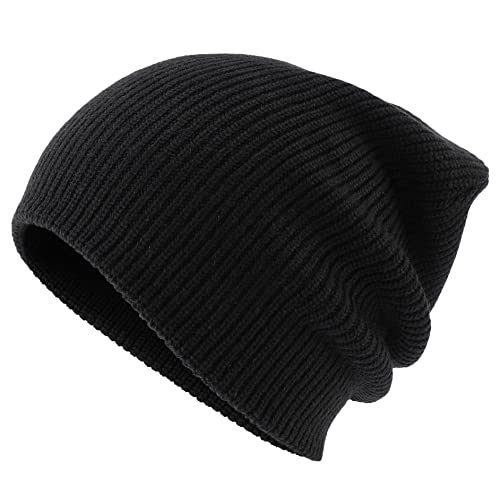 Classic Double Layer Knit Beanie Hat - Warm Black One Size