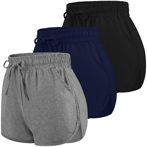 URATOT 3 Pack Women’s Cotton Yoga Shorts with Pockets & Drawstring – Black / Dark Gray / Navy (Size Large)